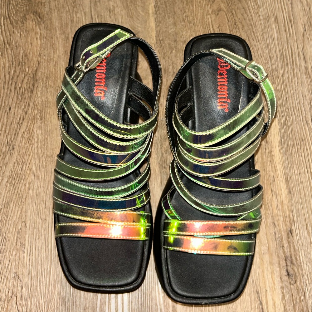 Demonia Iridescent Multi-Color Strappy Wedge Sandals